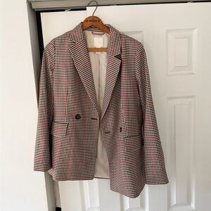 H&M Black and White Houndstooth Blazer with Red Accents